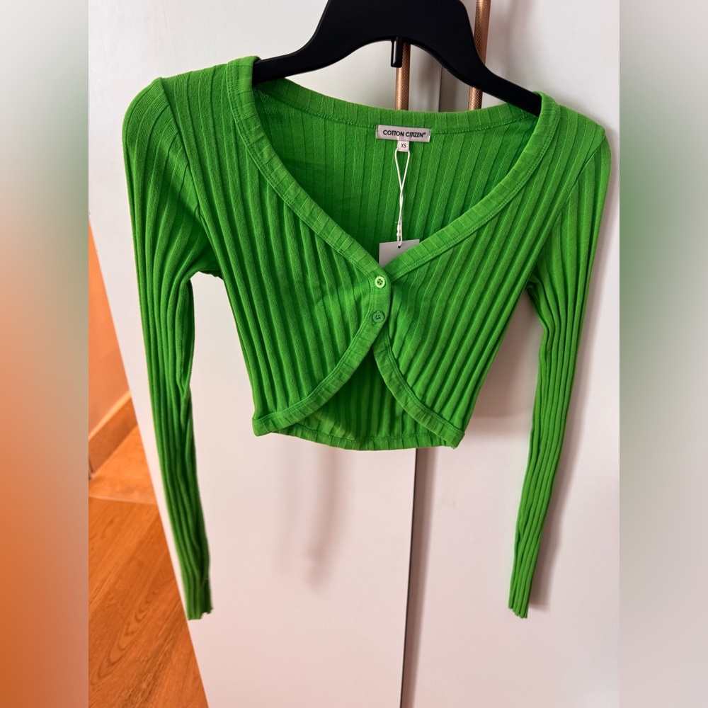 Cotton citizen capri crop cardigan Green Ribbed Cropped Cardigan in lime